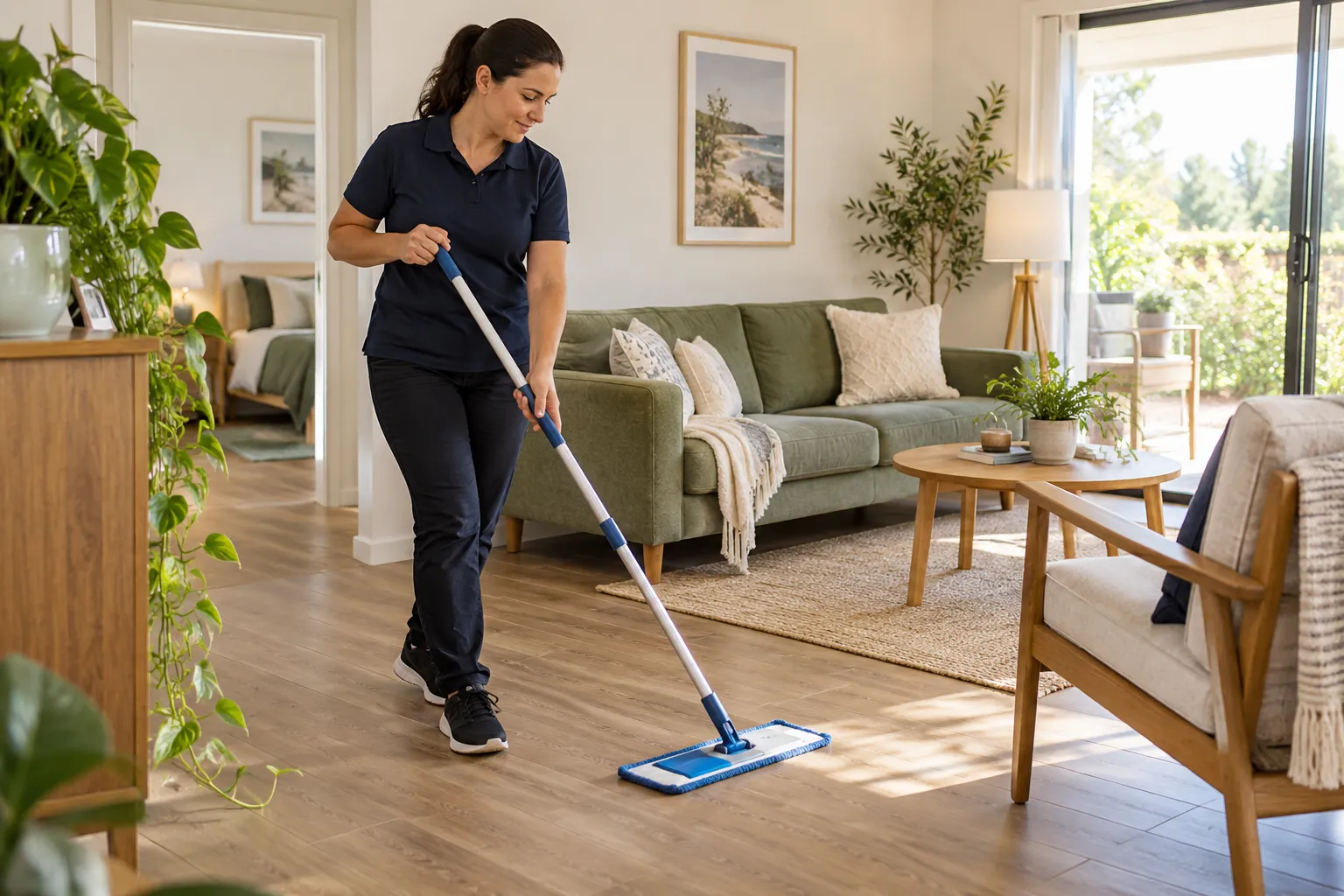 Cleaner mopping a clear living-room walkway in an accessible home