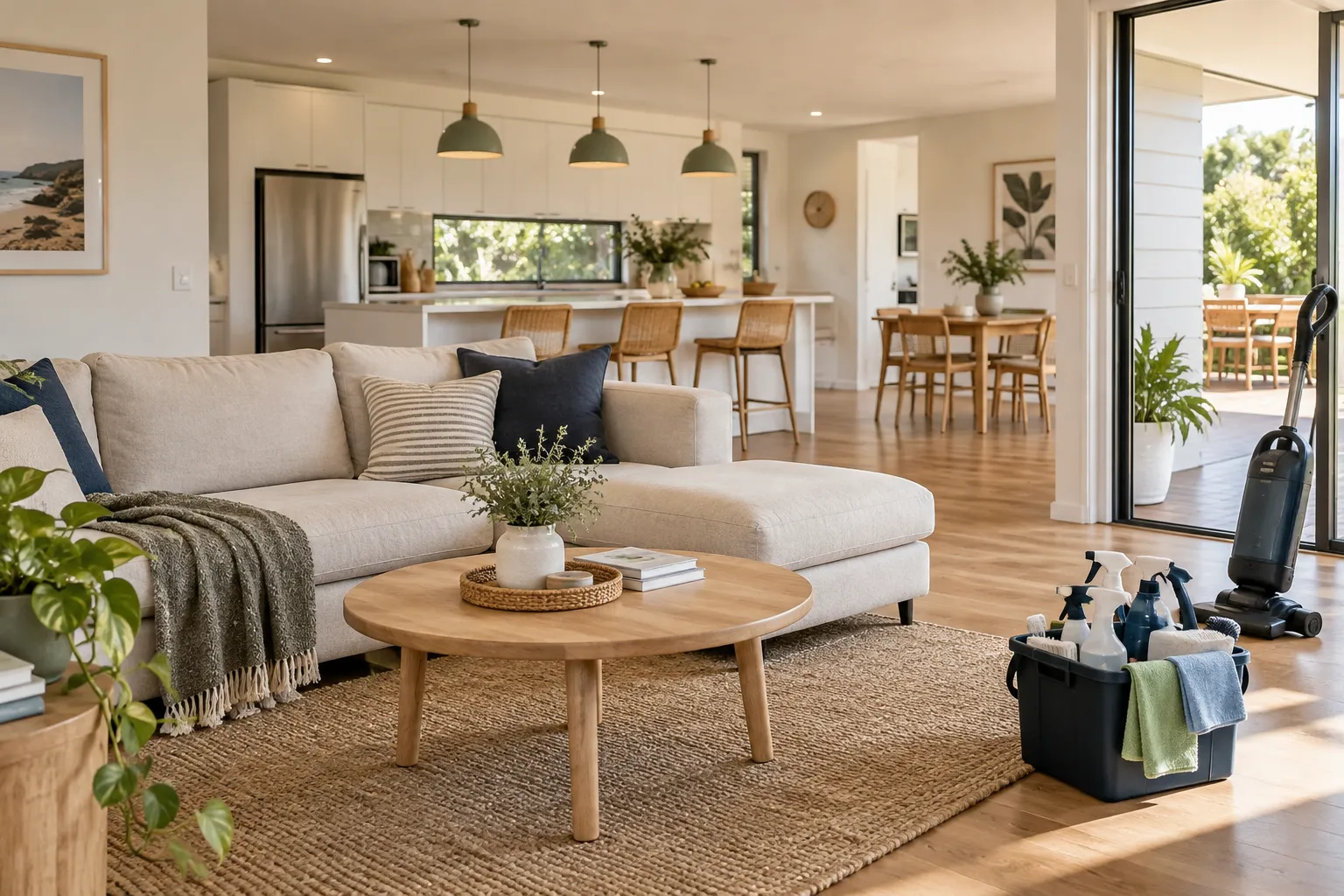 Clean open-plan living room and kitchen with a vacuum and cleaning caddy