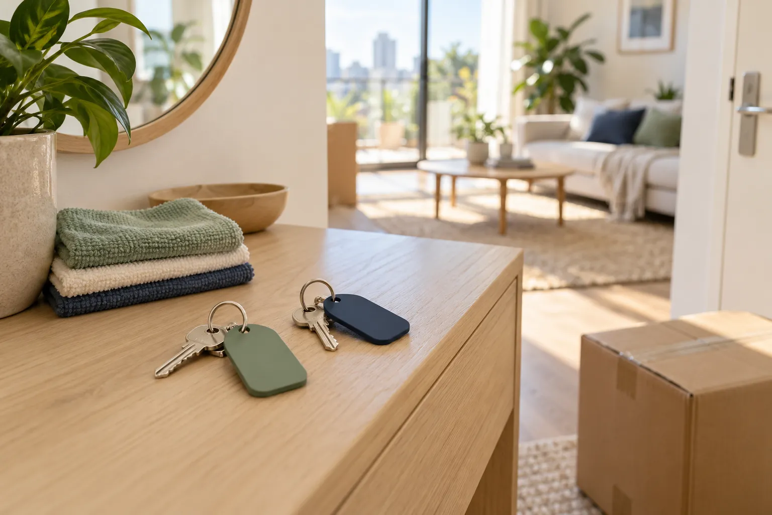 Two keyrings beside cleaning cloths and a moving box in a sunlit apartment, illustrating a move between rental homes.