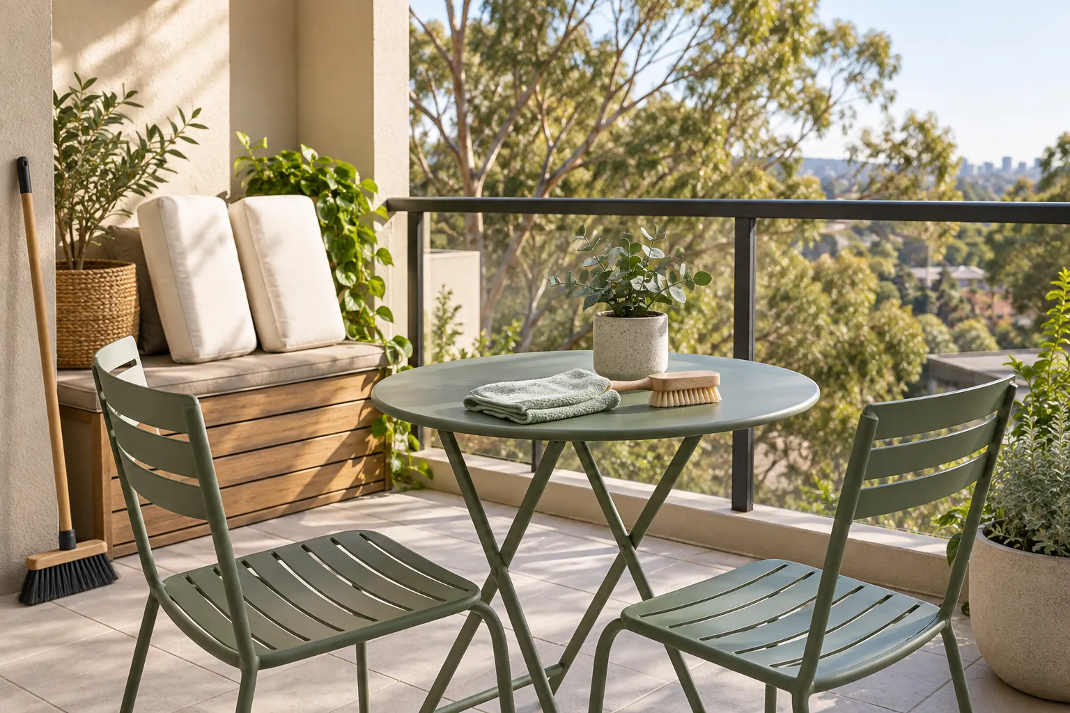 Sage outdoor table and chairs on a sunlit balcony, with a cleaning cloth, soft brush and cushions drying on a bench.