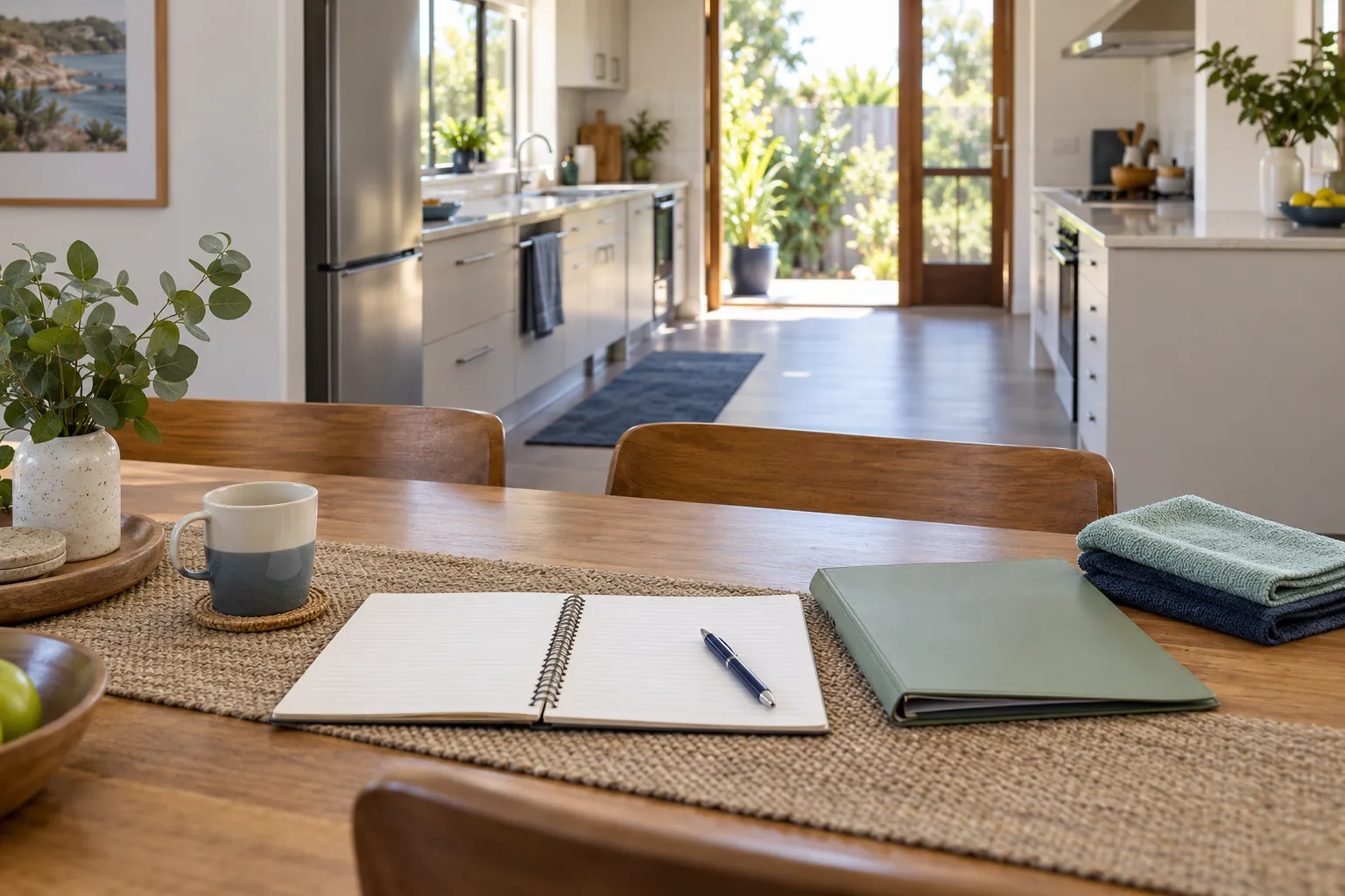 Open notebook, folder and cleaning cloths on a dining table in a sunlit home, illustrating planning for domestic assistance.
