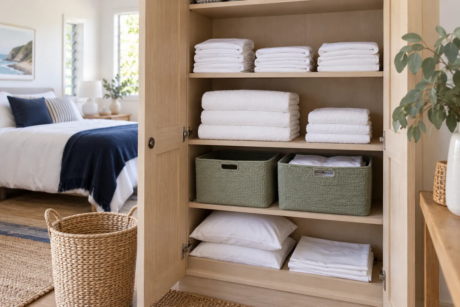 Organised linen cupboard with folded sheets, white towels and sage storage baskets beside a guest bedroom.