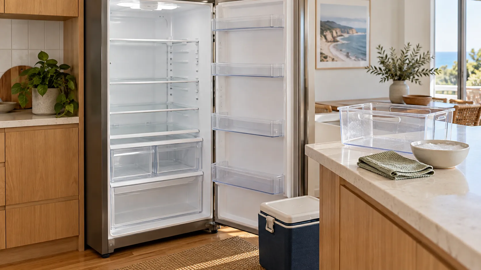 Open, empty fridge beside a cleaning cloth, removable drawer and insulated cooler in a sunlit kitchen.