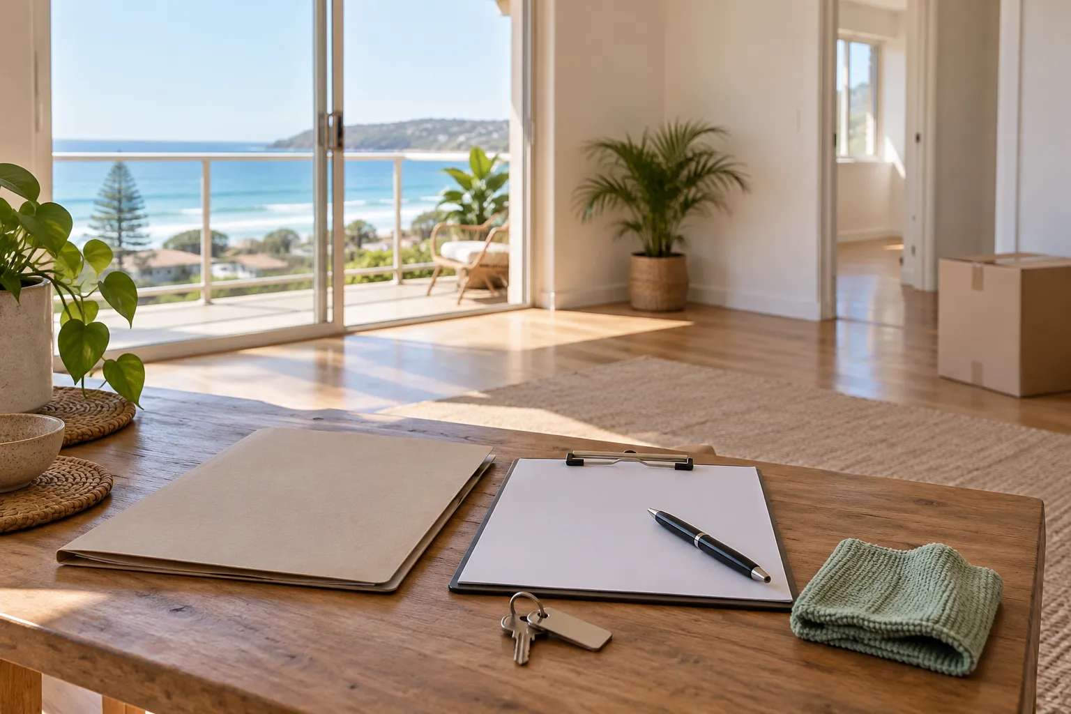 Keys, a folder and blank clipboard on a table in a sunlit apartment prepared for a rental handover.