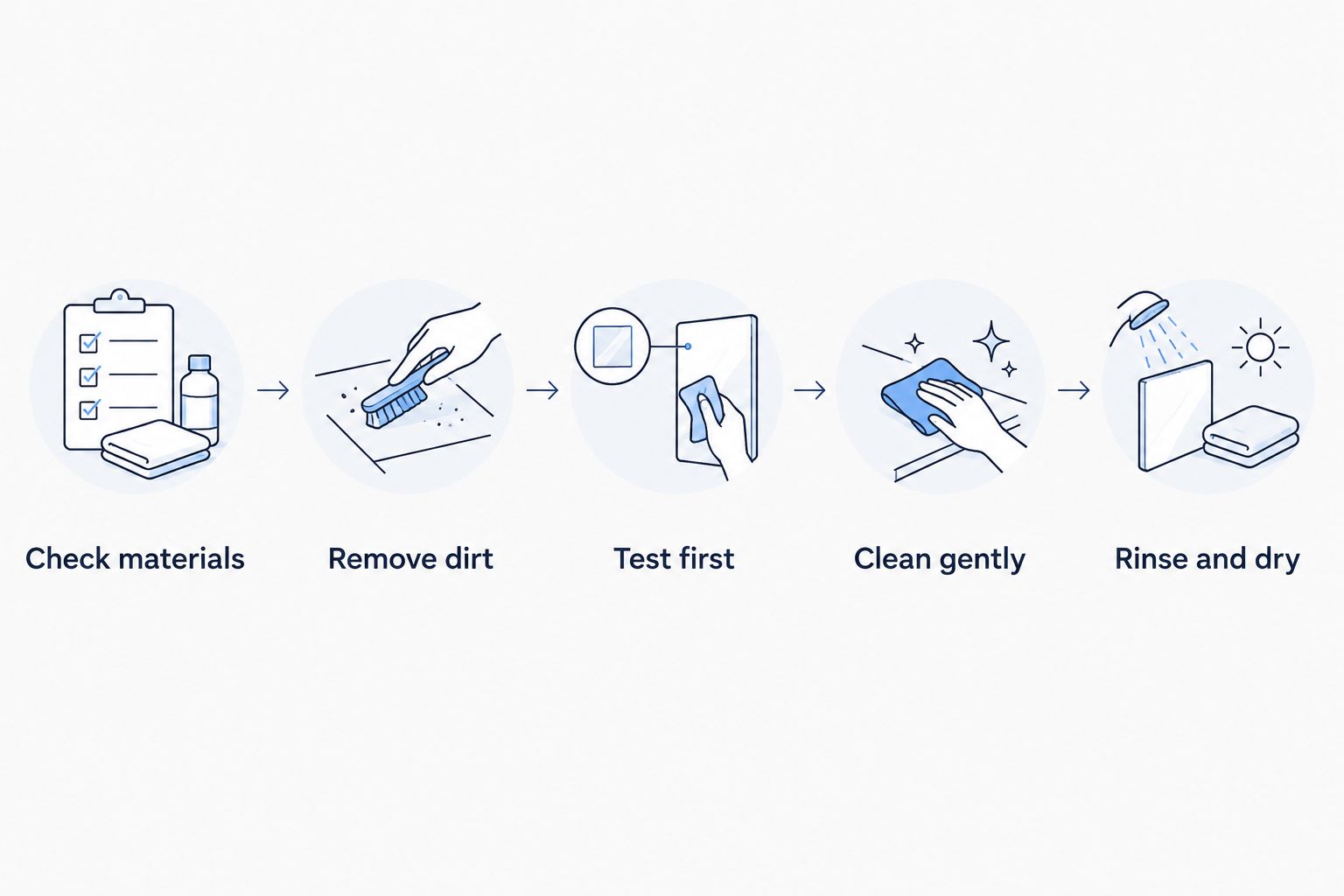Five steps for checking, testing, cleaning and rinsing bathroom grout