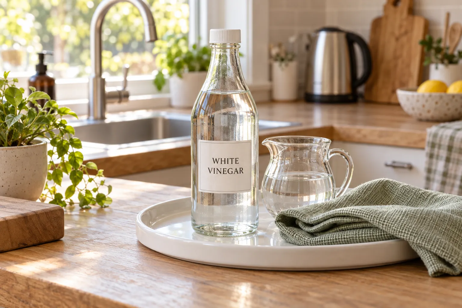 Labelled white vinegar bottle, glass jug and folded cloth on a ceramic tray in a sunlit kitchen.