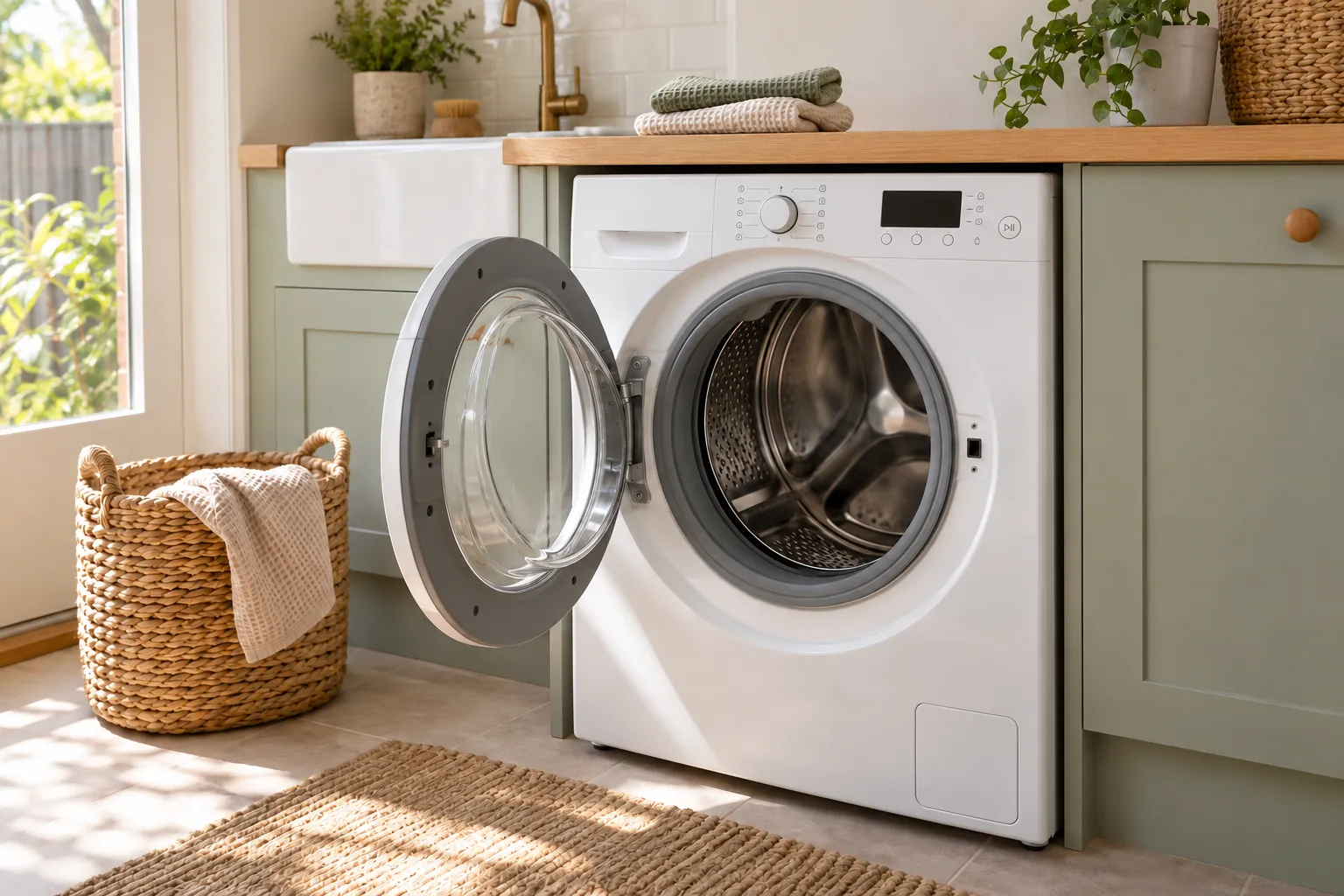 Open front-loading washing machine in a sunlit laundry with cloths and a woven basket.
