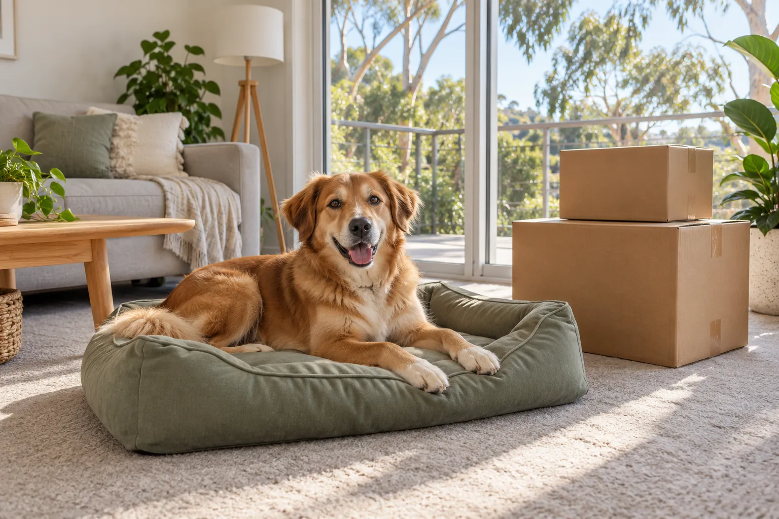 Dog resting on a sage bed beside moving boxes in a sunlit carpeted living room.