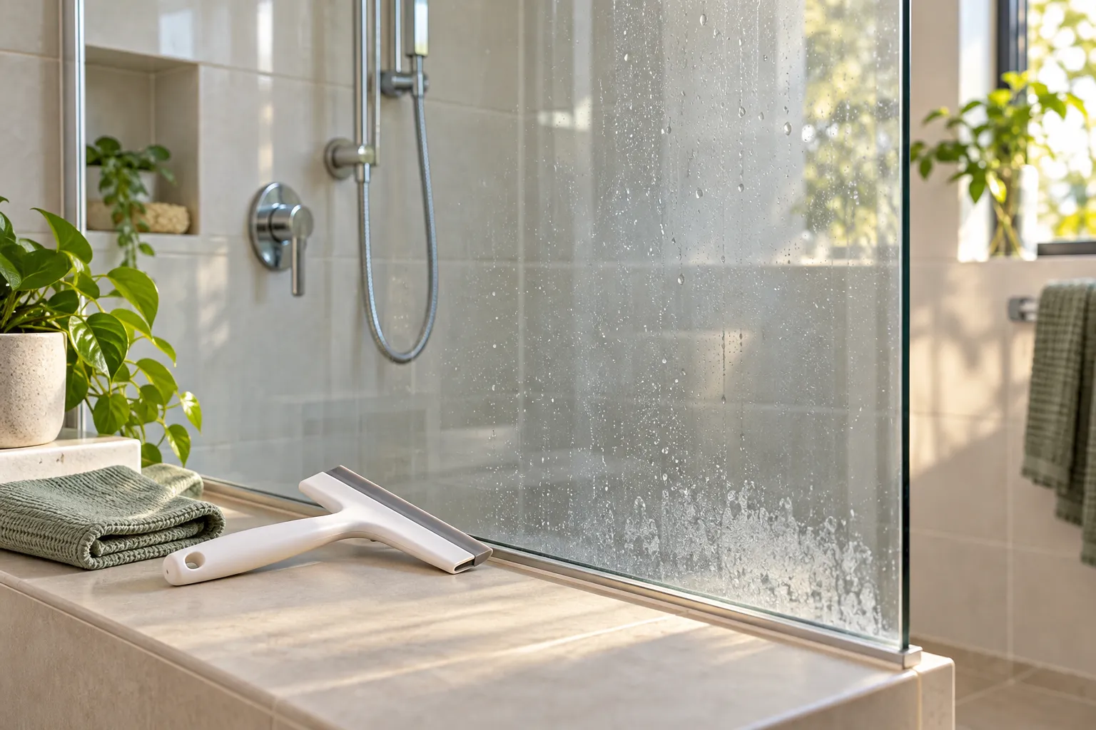 Squeegee and folded cloth beside shower glass with water droplets and soap residue