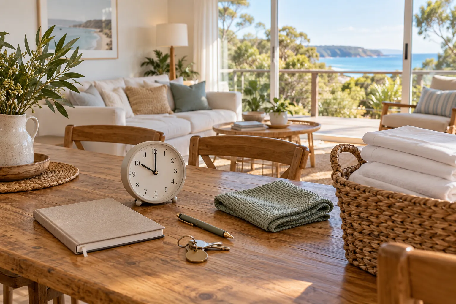 Clock, notebook, keys and clean linen ready for planning a holiday-rental turnover