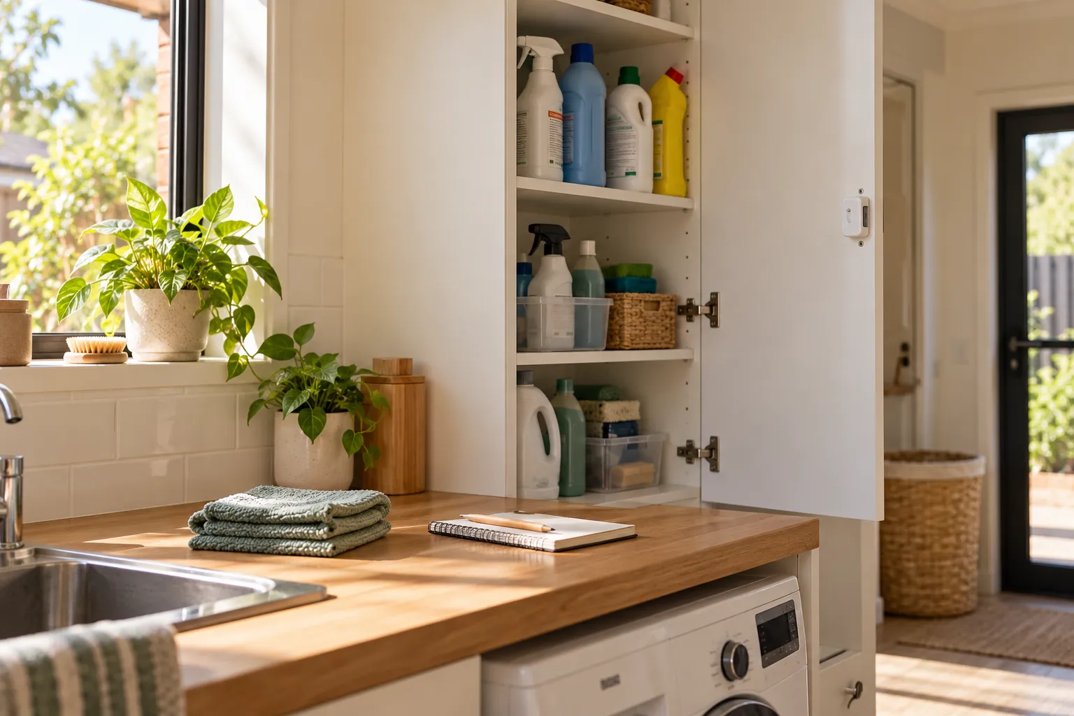 Cleaning products stored upright in a laundry cupboard beside folded cloths and a notebook