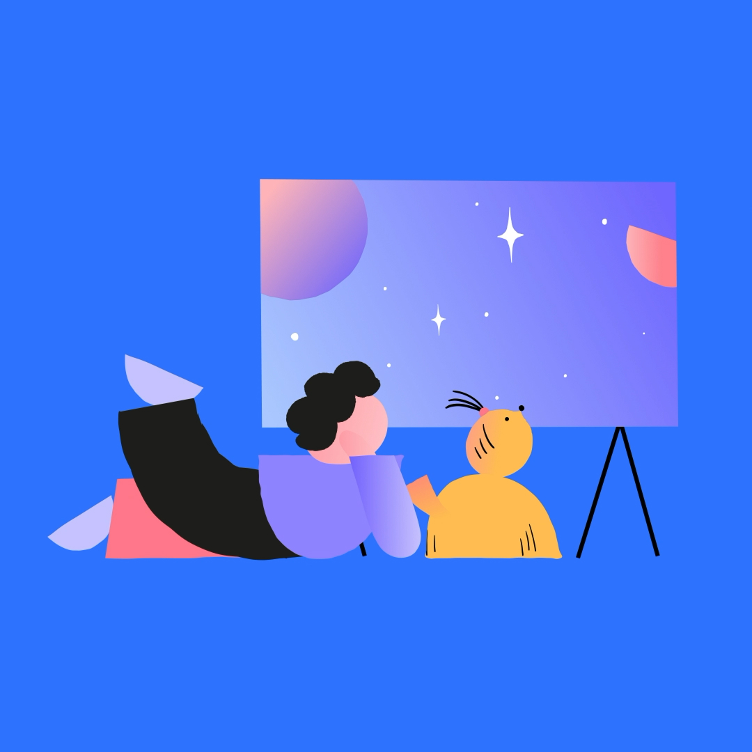 Illustration of a person lying down with a yellow cat, both looking at a starry sky on a screen.