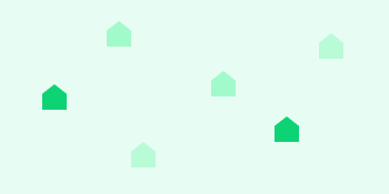 Grafik mit sechs minimalistischen Haus-Symbolen in verschiedenen Grüntönen auf hellgrünem Hintergrund verteilt.
