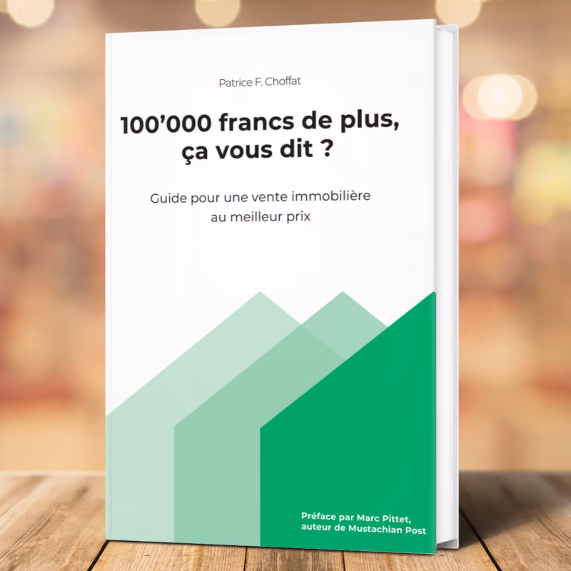 Buchcover mit Titel: 100’000 Franken mehr, ein Leitfaden für den Immobilienverkauf zum besten Preis.