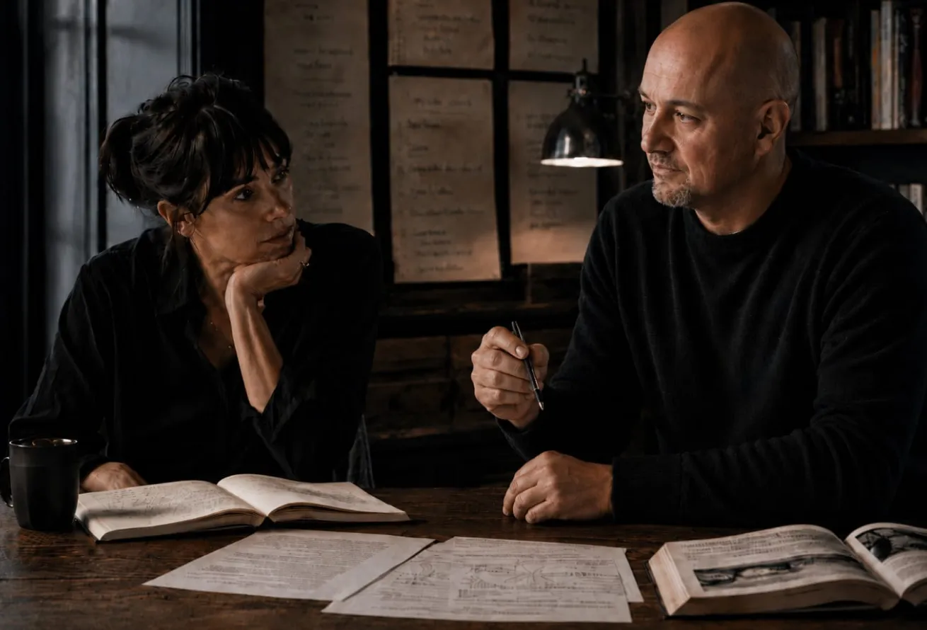 A man and a woman sitting at a wooden table with open books and papers spread out, engaged in a thoughtful conversation under a desk lamp with notes on the wall behind them.