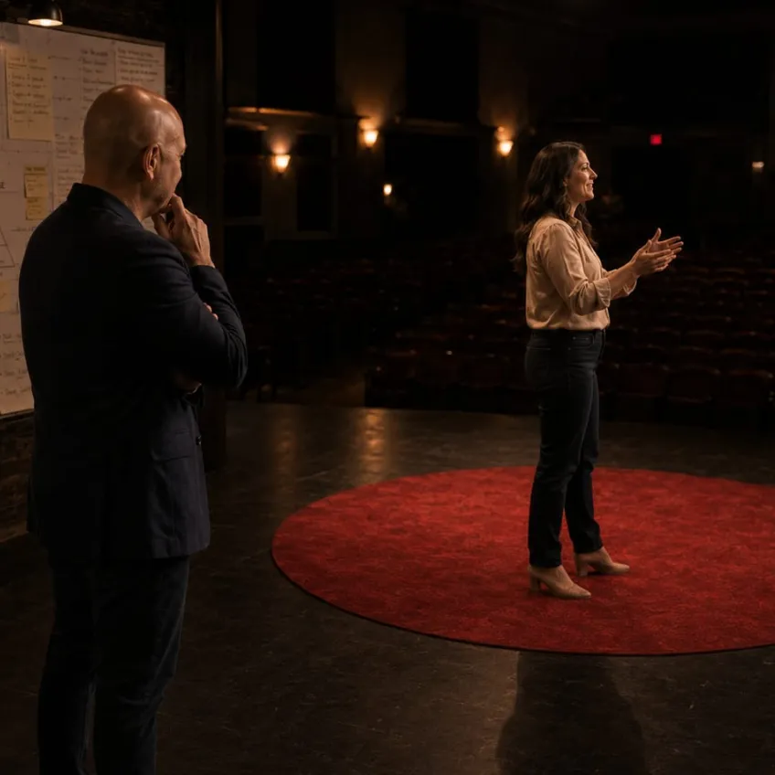 A woman stands on a red circular carpet on stage speaking with her hands gesturing, while a bald man in a suit watches thoughtfully from the side near a whiteboard with notes, in a dimly lit auditorium.