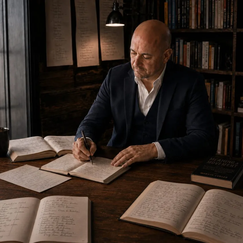 Bald man in a dark suit seated at a wooden table, writing in a notebook surrounded by open notebooks and papers, with bookshelves and a hanging lamp in the background.