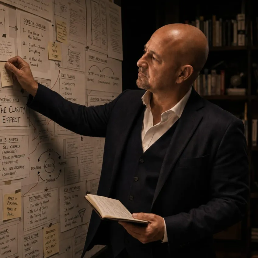 A man in a dark suit and white shirt stands in front of a wall covered with papers and notes connected by strings, holding an open notebook in one hand and adjusting a paper on the wall with the other, appearing focused on organizing ideas.