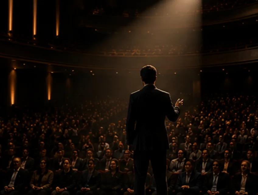 Man in a suit standing on stage under a spotlight facing a large audience seated in a dark theater.
