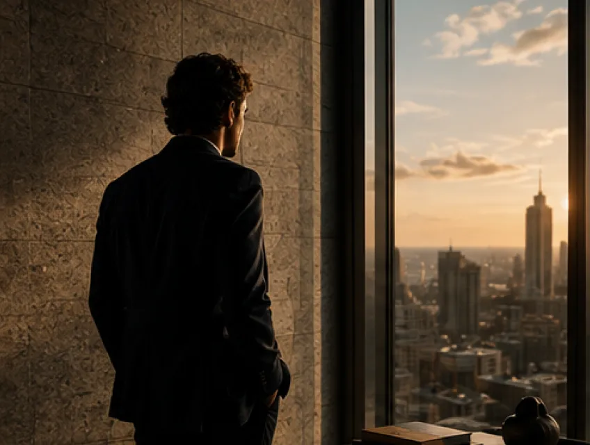 A man in a dark suit stands indoors with hands in pockets, looking out a large window at a city skyline during sunset.