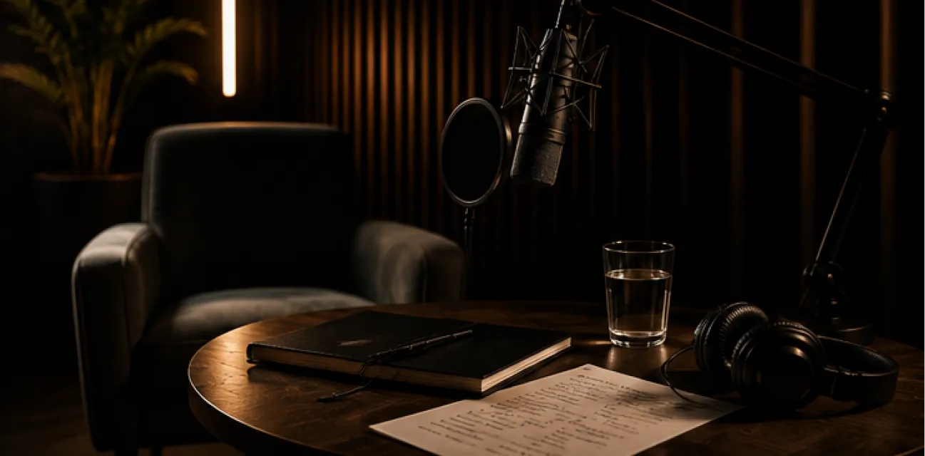 Podcast or recording setup with a microphone on a stand, black headphones, a glass of water, two closed black notebooks with a pen on top, and a printed script on a dark wooden table in front of a dimly lit armchair and a plant in the background.