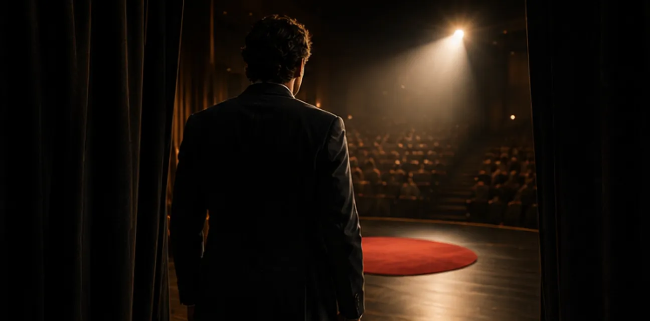 Man in a dark suit standing on a stage behind closed curtains, facing an audience illuminated by a spotlight centered on a red circular carpet.
