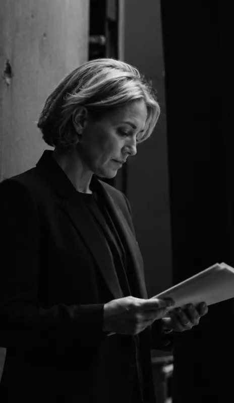 Black-and-white photo of a focused woman with short blonde hair wearing a dark blazer, reading papers while standing beside a wall.