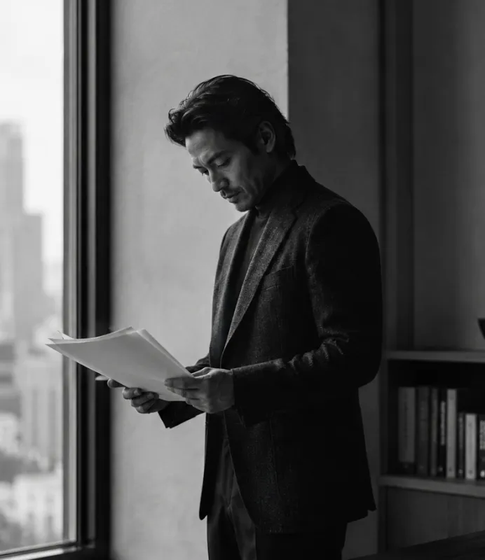 Black-and-white photo of a man standing indoors by a large window, reading papers with a focused expression, wearing a dark blazer and turtleneck. Bookshelves are visible in the background.