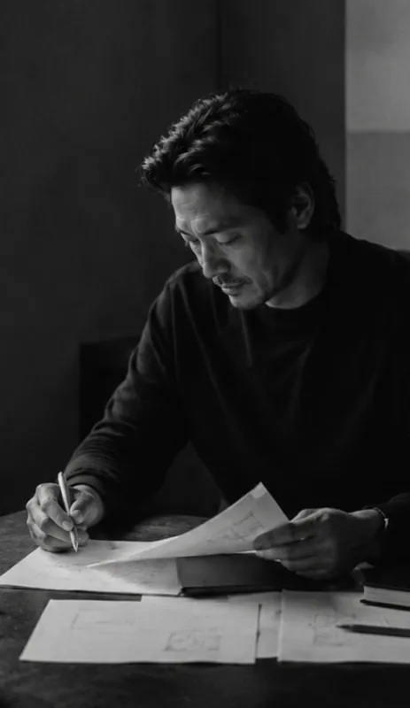 Black-and-white photo of a man with dark hair and facial hair, sitting at a table, writing on papers while holding some sheets in his left hand, in a focused posture.