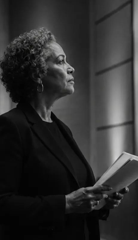 Black and white portrait of a mature woman with curly hair, wearing a dark blazer and holding papers, looking thoughtfully to the side.