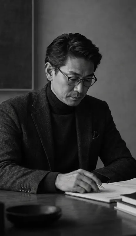 Black and white photo of a man with glasses wearing a dark turtleneck and blazer, seated at a table reading or writing in a notebook.
