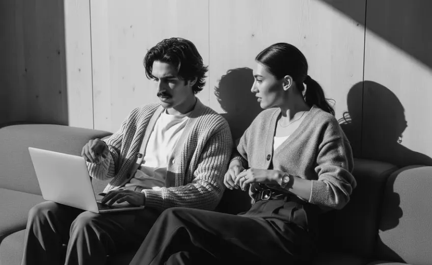 A man and woman sitting on a couch looking at a laptop, the man pointing at the screen while the woman attentively watches.