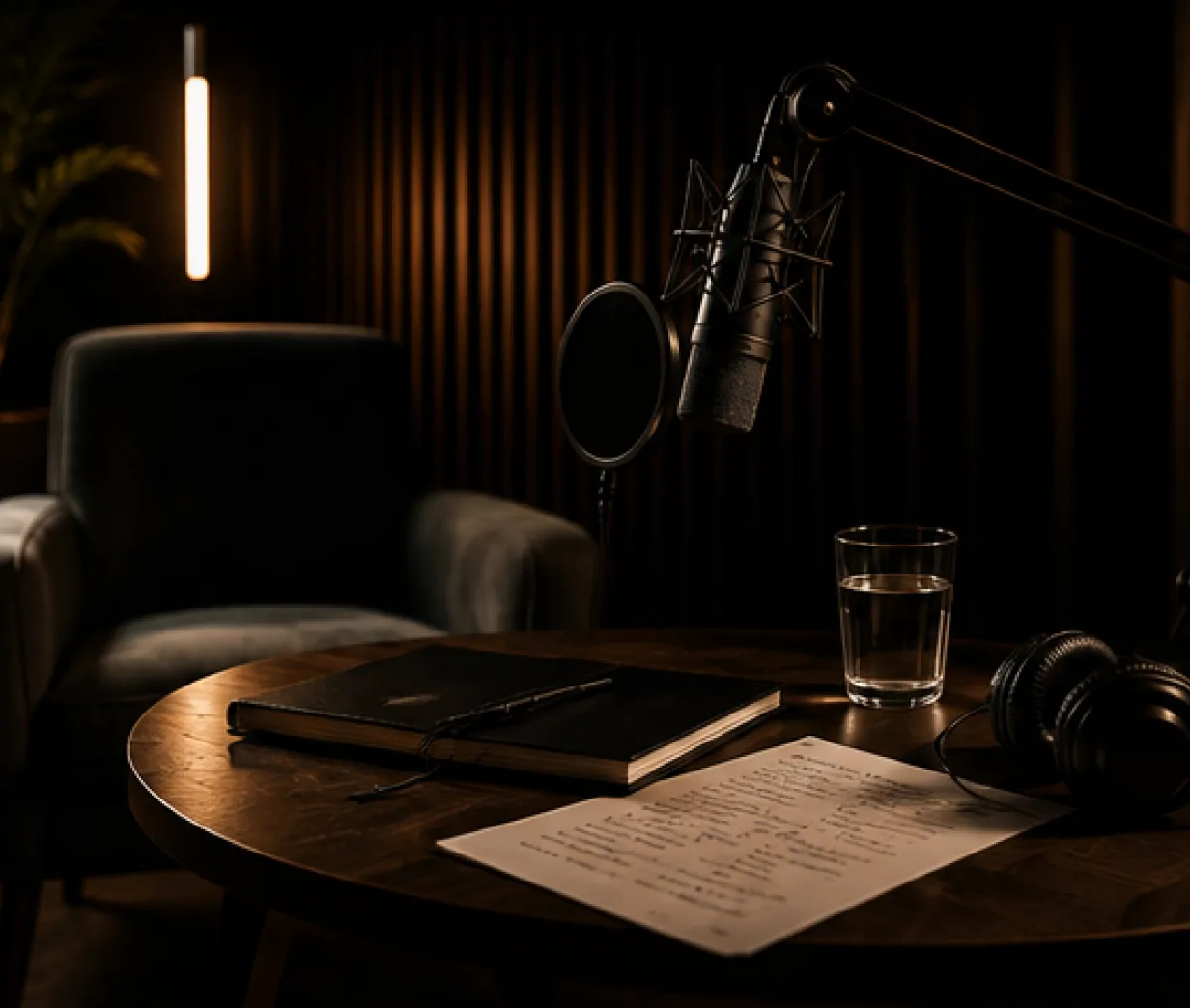 Dimly lit recording studio with a microphone on an adjustable arm, a pop filter, headphones, a glass of water, a notebook, and a handwritten script on a wooden table with an armchair and vertical paneling in the background.