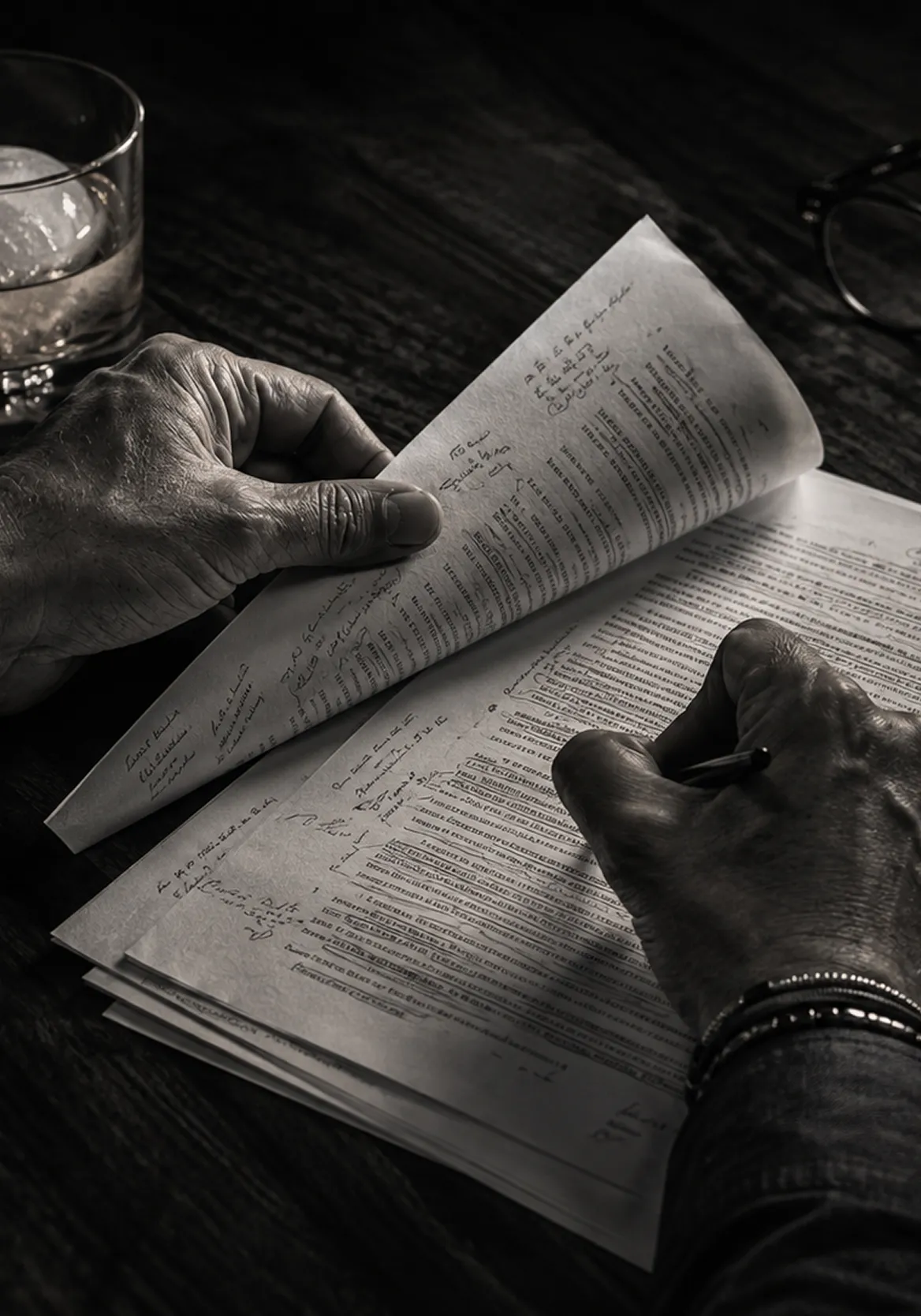 Black-and-white close-up of a person's hands reviewing and annotating printed documents filled with dense text and handwritten notes on a dark wooden table, with a glass of drink and a pair of glasses nearby.