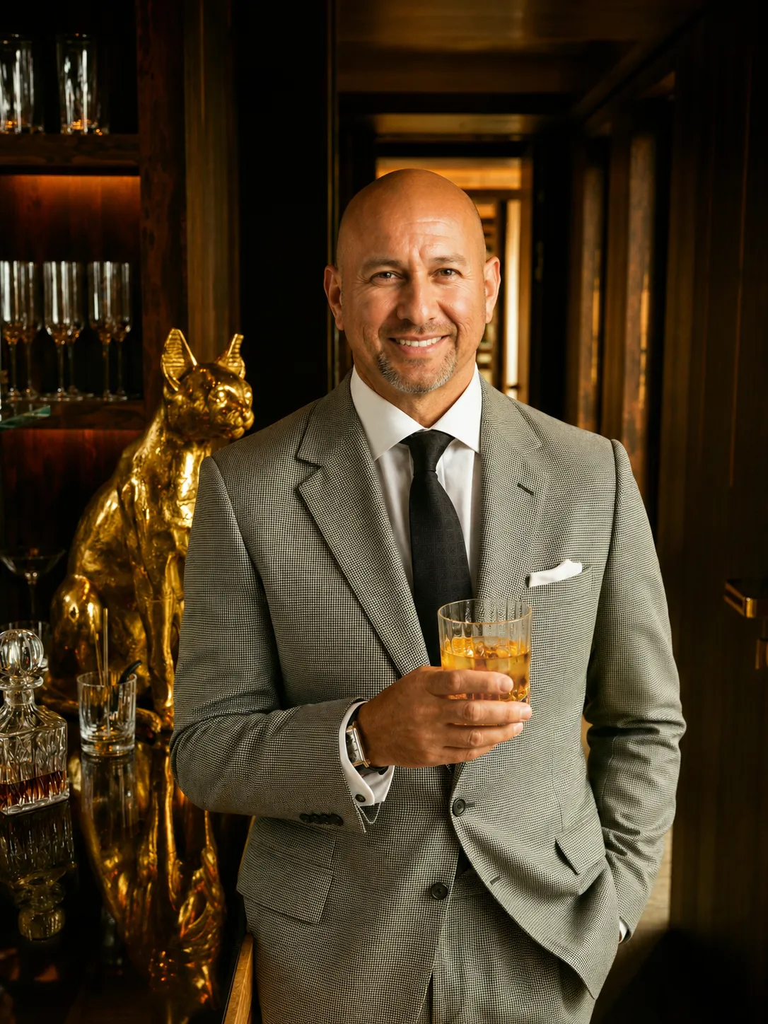 Smiling bald man wearing a grey checked suit, white shirt, and black tie, holding a glass of amber-colored drink with ice, standing in a warmly lit room with a reflective surface and a golden statue of a cat in the background.