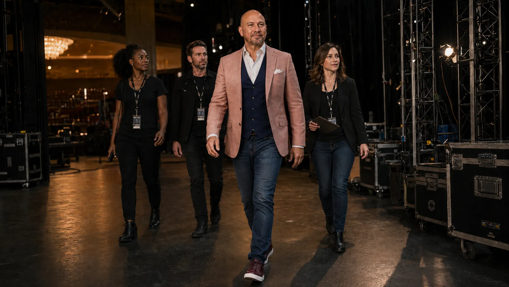Four confident event staff with badges walk forward backstage on a dimly lit stage area with equipment cases and lighting rigs around them.