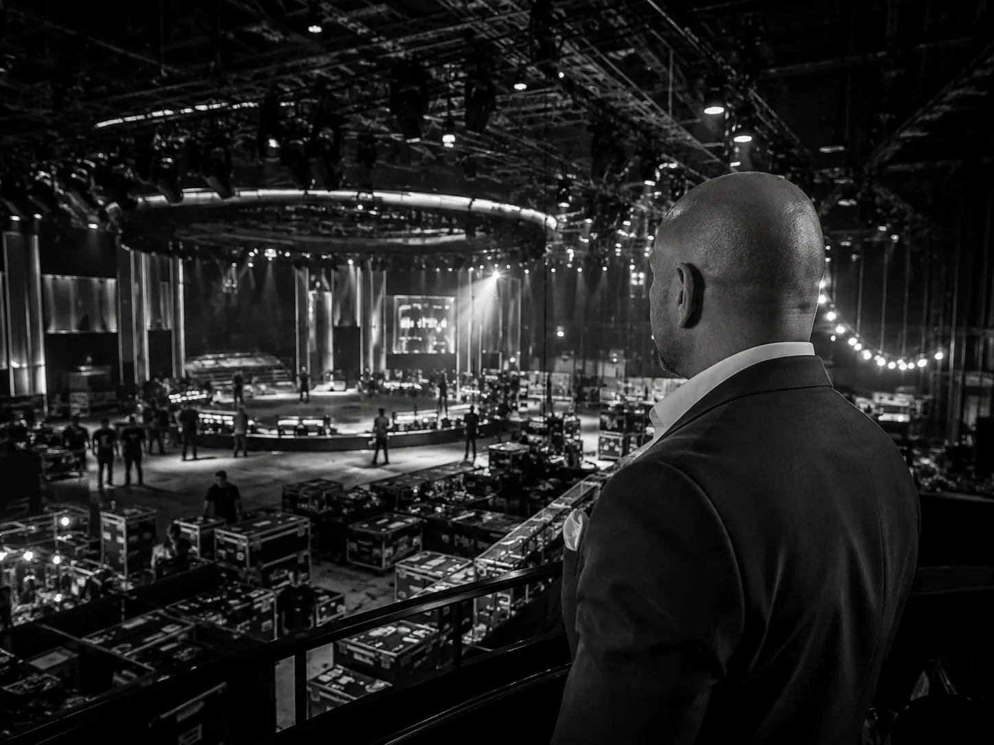 Black and white photo of a bald man in a suit looking over a large, brightly lit event stage setup with equipment cases and people preparing in a spacious indoor venue.