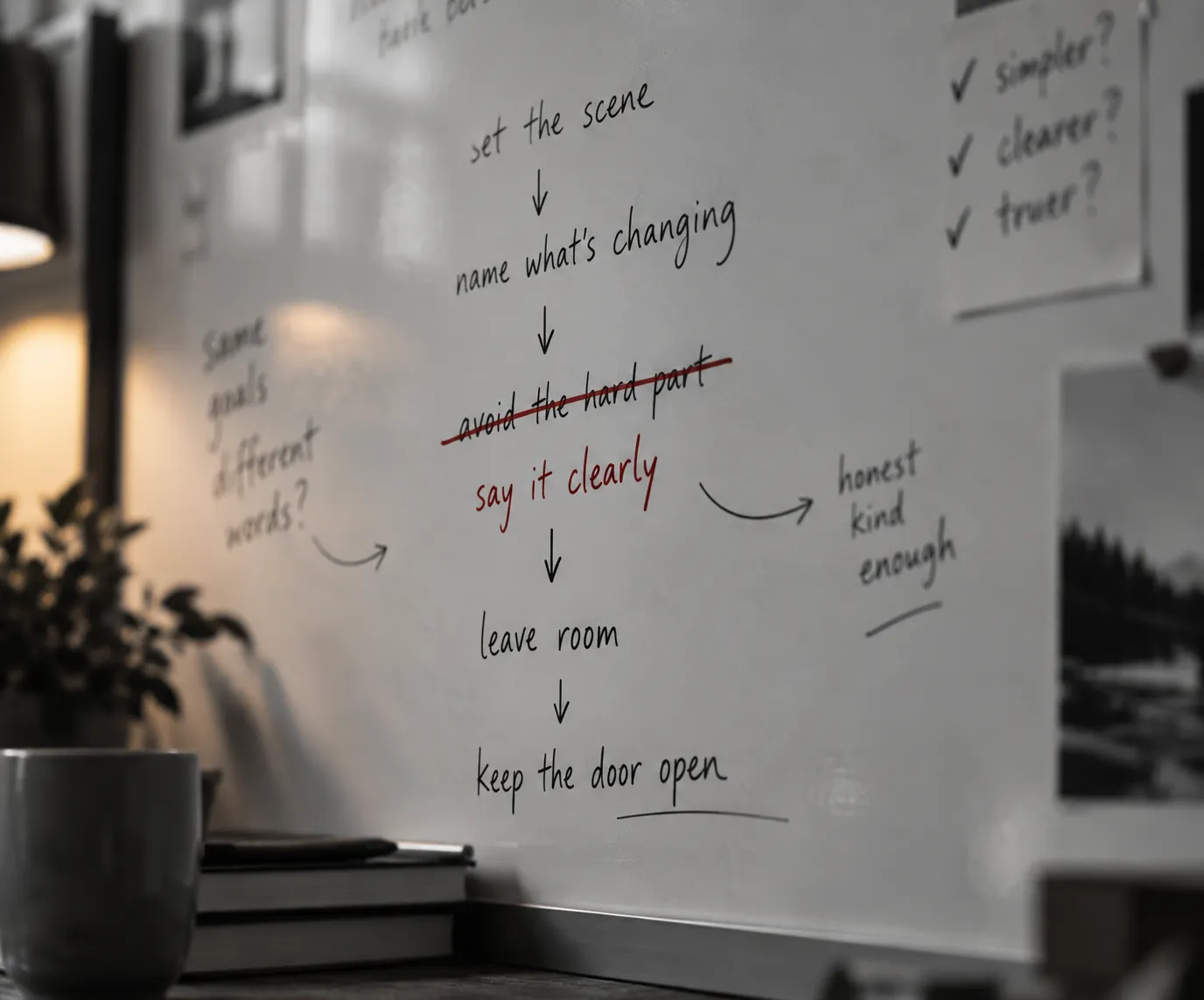 Whiteboard with a handwritten process flow in black and red ink that includes steps: set the scene, name what's changing, say it clearly (in red), leave room, and keep the door open. There are annotations like 'honest kind enough' and questions like 'simpler? clearer? truer?' on papers pinned to the board. In the foreground are a white cup, two stacked books, and a pen on a desk with a plant and lamp in soft focus.