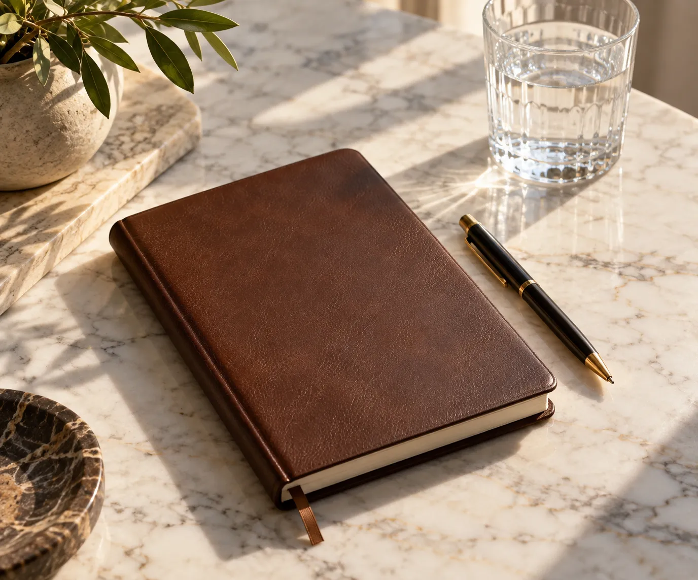 Brown leather-bound journal resting on a marble table with a black and gold pen and a glass of water nearby, sunlight casting shadows.