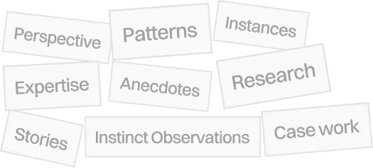 Scattered white rectangular cards with words related to qualitative analysis and knowledge gathering: Perspective, Patterns, Instances, Expertise, Anecdotes, Research, Stories, Instinct Observations, and Case work.