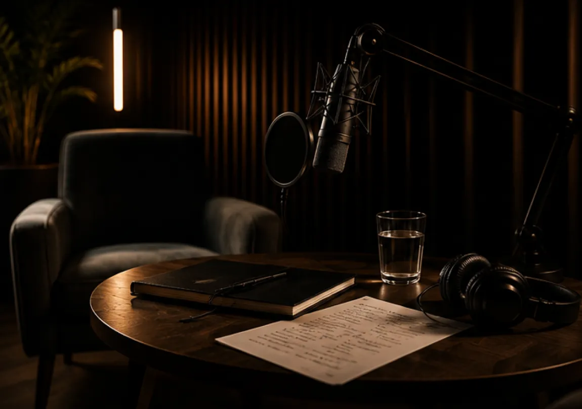 Recording studio setup with a microphone on an adjustable arm, headphones, a glass of water, a closed notebook, and a handwritten script on a wooden table, with a dark armchair and vertical striped wall in the background.