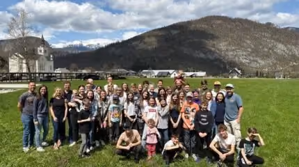 A group photo in the Slovenian mountains with the Bordner missionary family.