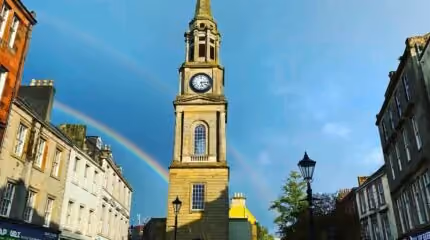 A rainbow over a church in Scotland, home to the Landrum missionary family.