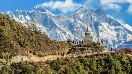 Trekkers near a mountain stupa in Nepal, home to Northshore's missionary partner.