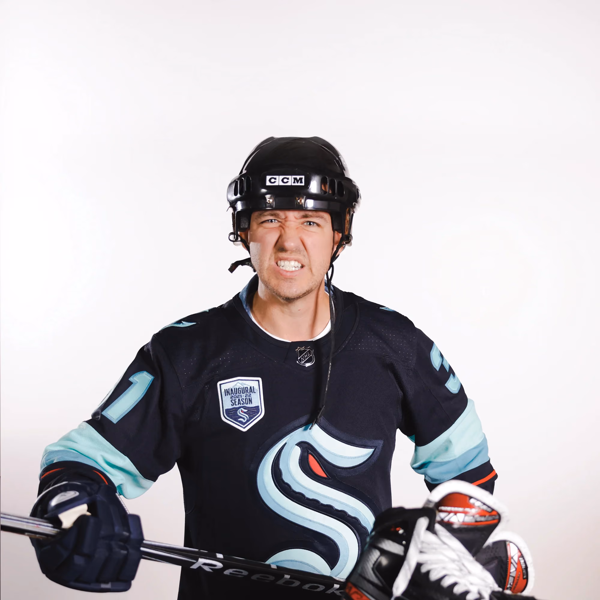 Chad Hoffman dressed as a hockey player, reflecting his love of the sport.