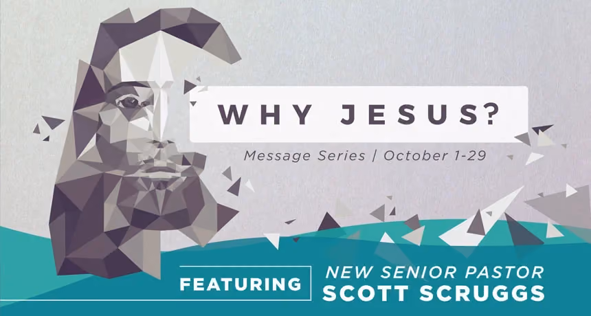 Geometric portrait of Jesus with text announcing message series and new senior pastor.
