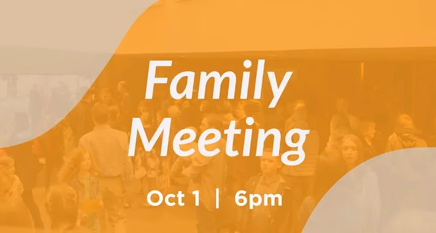 Family Meeting event announcement with date and time displayed over a blurred crowd background.