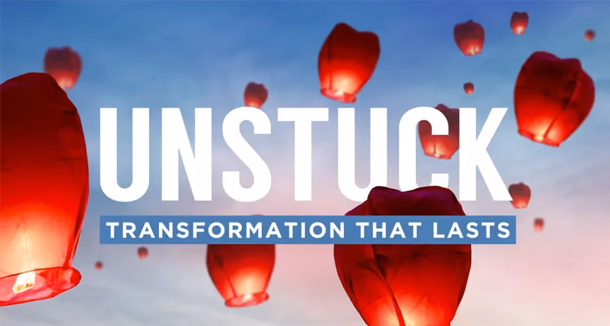 Red lanterns floating in sky with text Unstuck Transformation That Lasts.