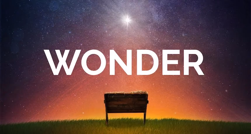 Wooden bench on grass under starry sky with bright star and sunset glow. Wonder text overlay.