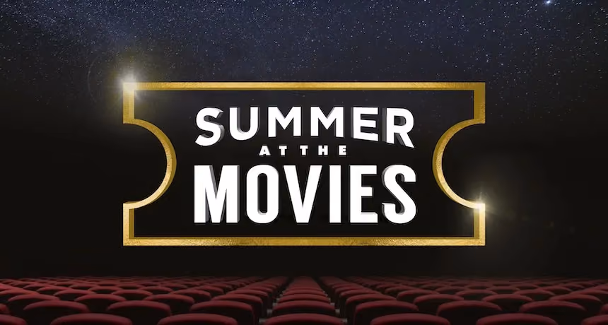 Movie theater with red seats and golden ticket-shaped logo with text Summer at the Movies.
